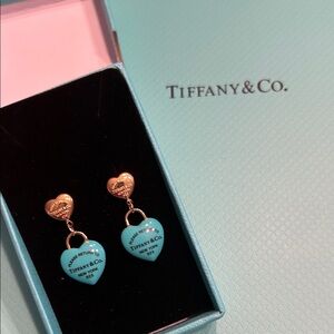 Tiffany & Co. 925 Sterling Silver Gold Tone and Tiffany Blue Heart Drop Earrings